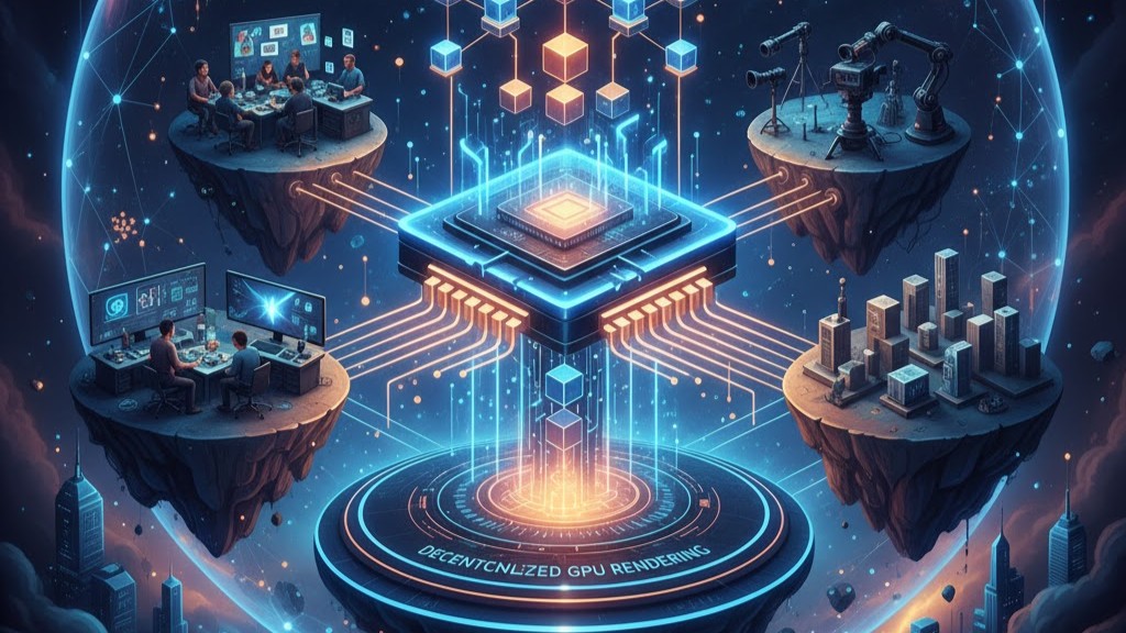 A detailed illustration showing the foundation of Render Network, symbolizing its vision to decentralize GPU rendering through blockchain technology.
