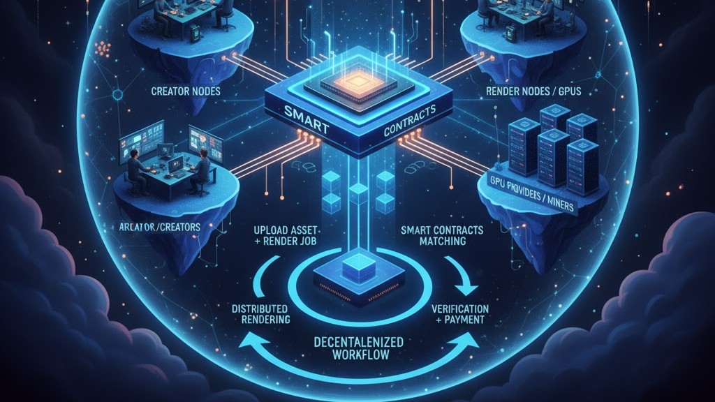 A digital diagram displaying the core architecture of Render Network, including nodes, smart contracts, and rendering workflows.