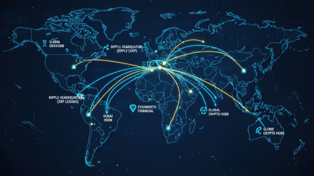Map showing global expansion routes from Ripple and Evernorth toward major crypto hubs, symbolizing institutional investment interest.