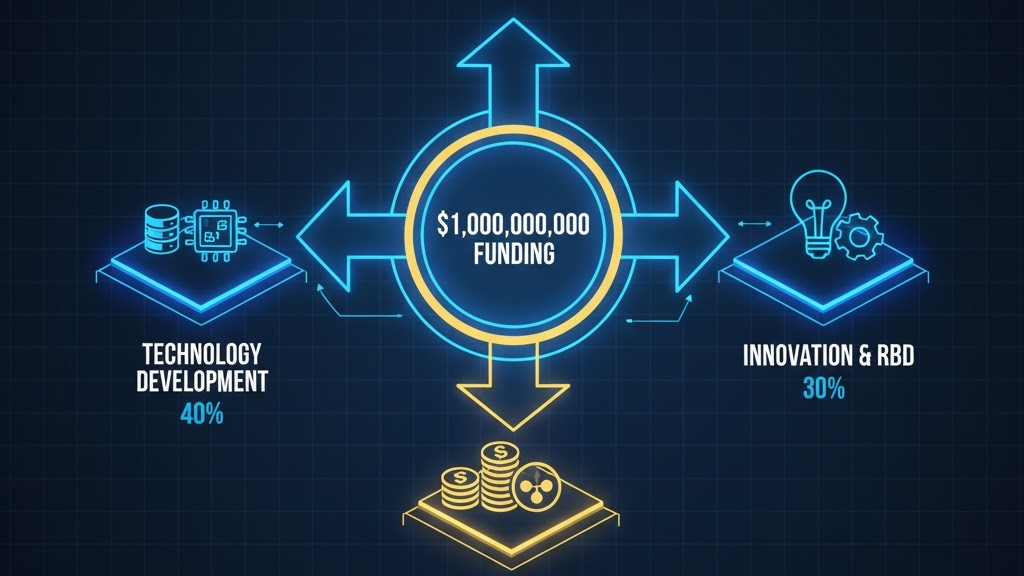 Infographic of business strategy showing how Evernorth allocates the $1B across technology, liquidity, and innovation projects.