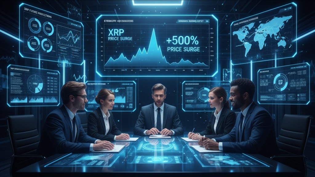 Business meeting with digital screens displaying XRP projections, symbolizing investor discussions about future expectations after the news.