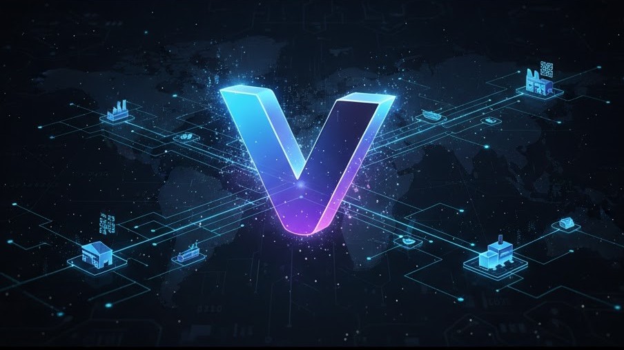 An image of the VeChain logo emerging from a digital network of supply chains, symbolizing the project’s early vision of connecting real-world businesses to blockchain technology.