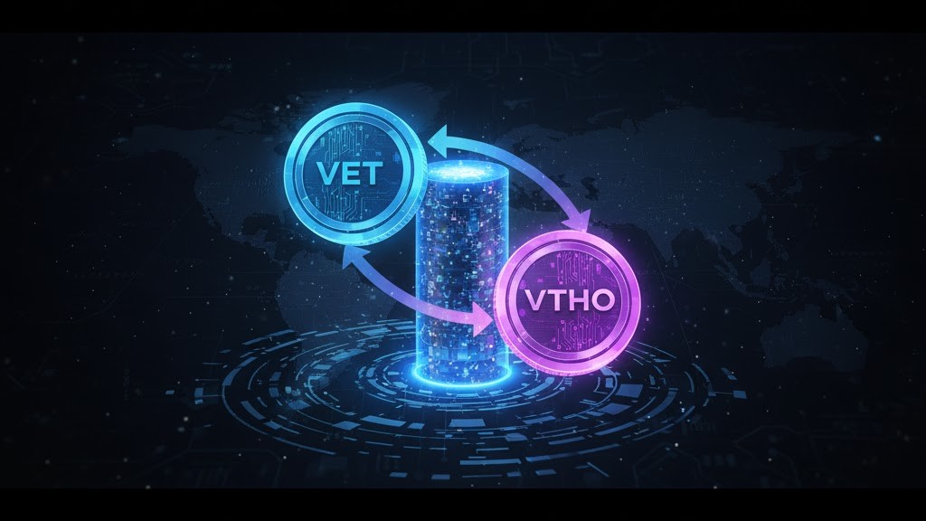 A visual of two interlinked tokens labeled VET and VTHO rotating around a blockchain core, representing VeChain’s dual-token economy for stable transaction fees.