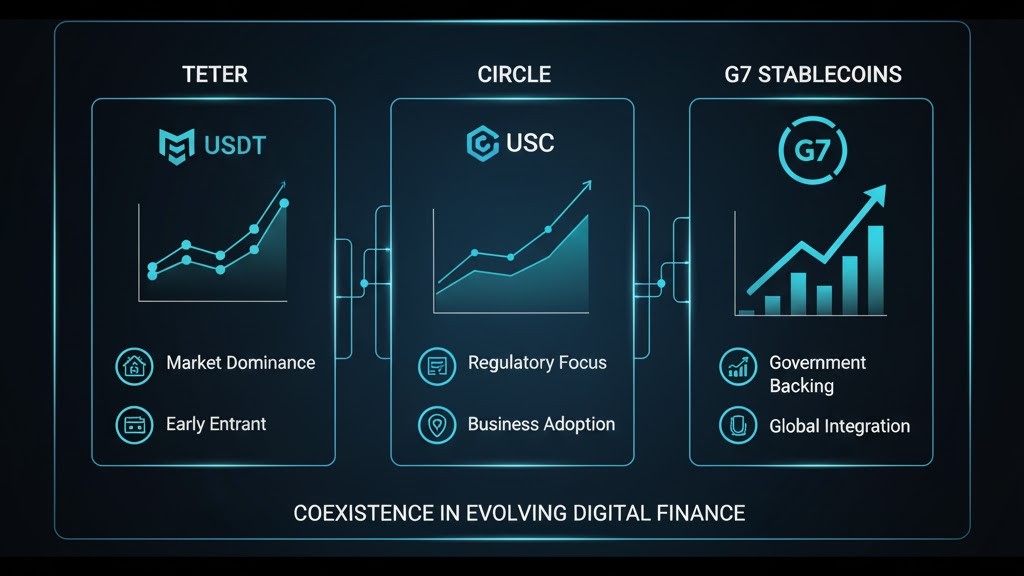 Comparison chart displaying Tether, Circle, and G7 bank stablecoins side by side, symbolizing coexistence in the evolving digital finance ecosystem.