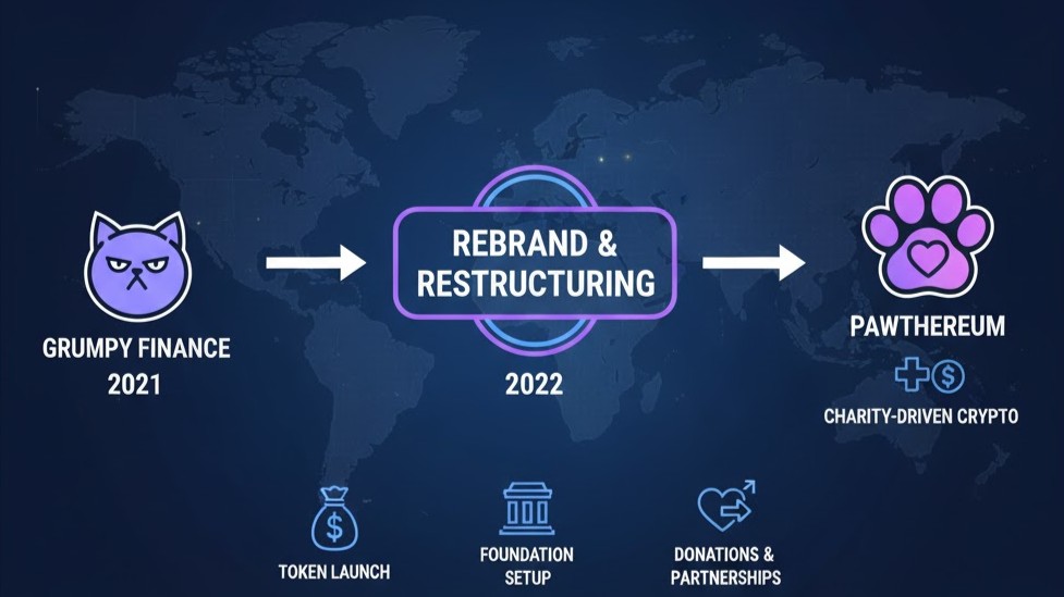 Timeline illustration showing Pawthereum’s evolution from Grumpy Finance to a charity-driven crypto project.