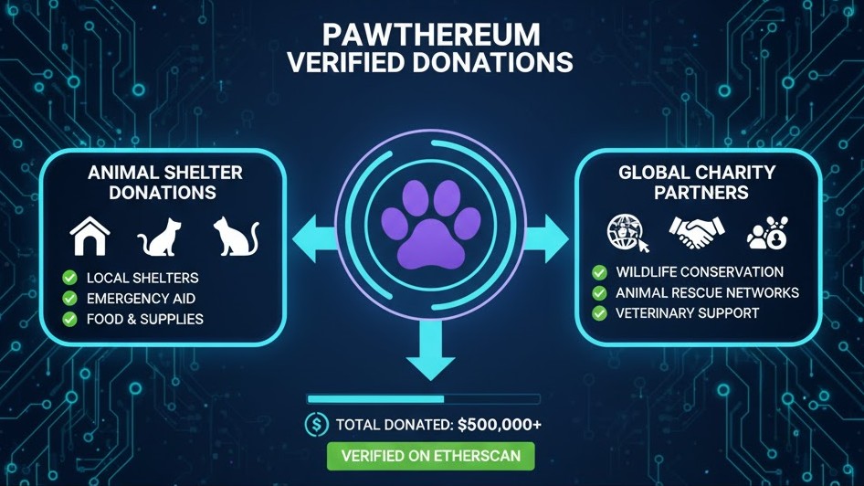 Infographic showing Pawthereum’s verified donations to animal shelters and global charity partners.