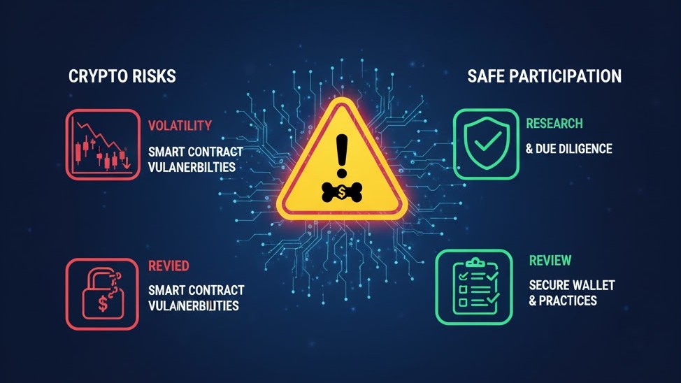 Graphic warning about crypto risks with Pawthereum token and safe participation strategies