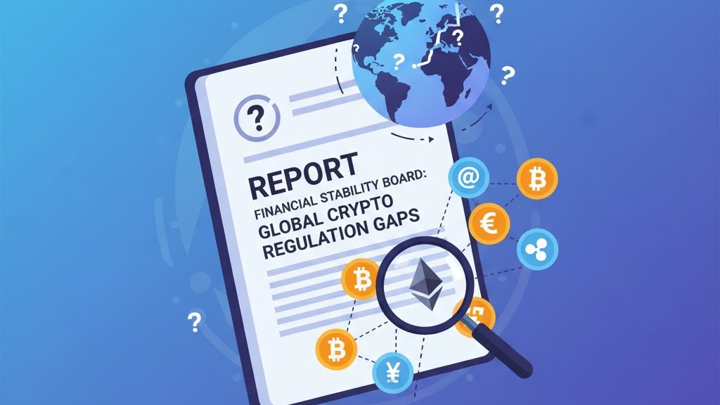 Illustration showing the Financial Stability Board report highlighting crypto regulation gaps worldwide.