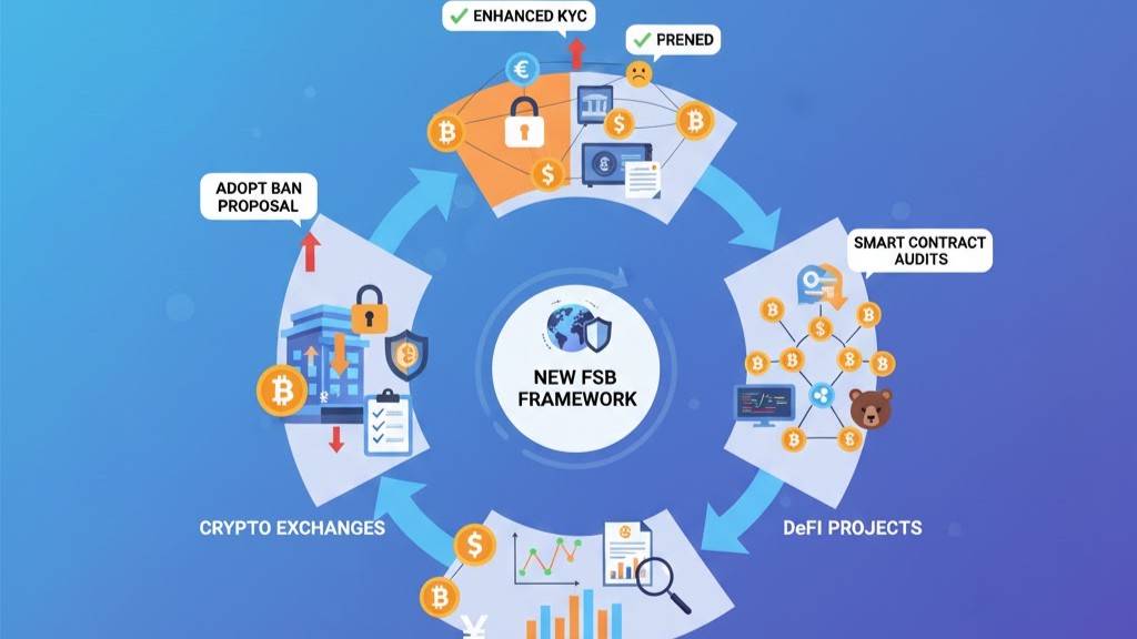 Infographic showing crypto exchanges, stablecoin issuers, and DeFi projects adapting to new FSB rules.