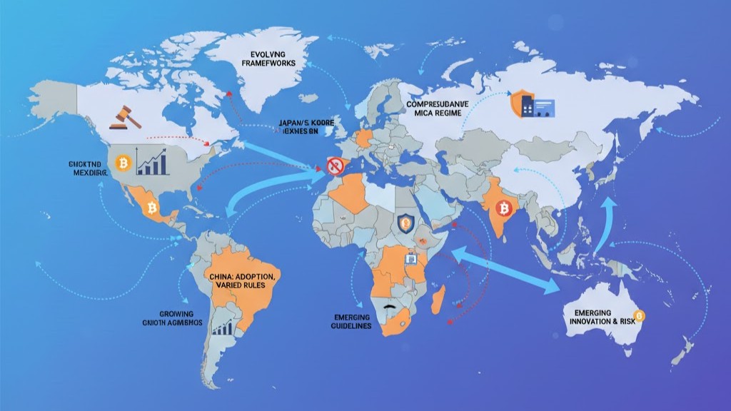 Global map illustrating how different national crypto laws influence international markets