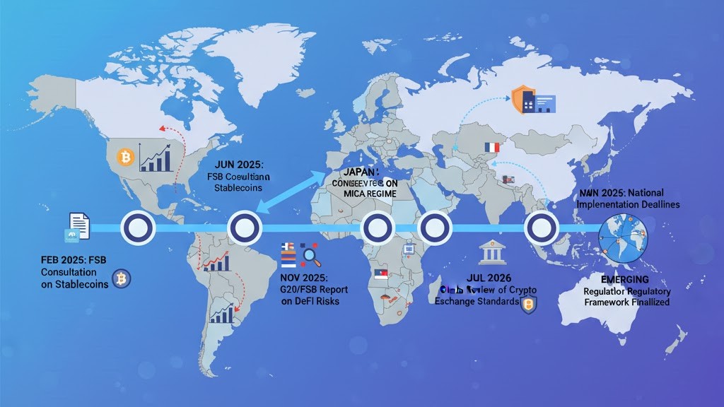 Timeline graphic showing upcoming FSB actions and expected crypto regulatory milestones for 2025–2026.