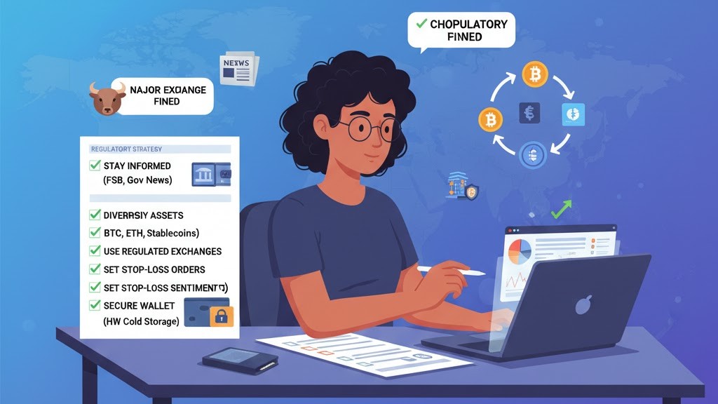 Crypto investor following a step-by-step strategy checklist to manage regulatory and market risks.