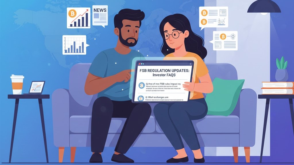 Illustration of crypto investors reading FAQs about FSB regulation updates and market impacts.