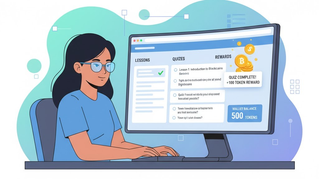 Illustration of a user completing crypto lessons and quizzes online to earn small token rewards safely.