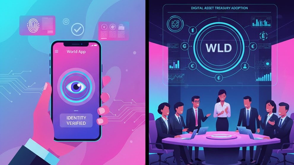 Image of World App users verifying identities and companies adopting WLD in their digital asset treasuries.