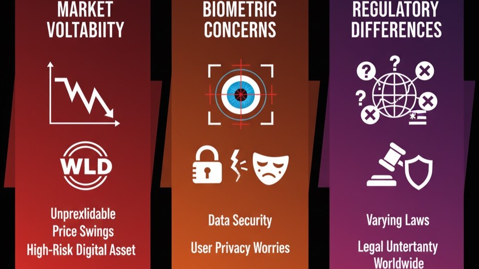 Graphic warning about Worldcoin’s market volatility, biometric concerns, and regulatory differences worldwide.