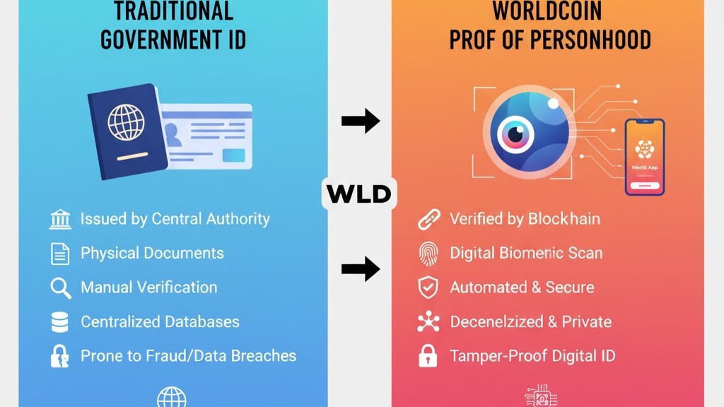 Diagram comparing traditional government IDs with Worldcoin’s blockchain-based proof of personhood.