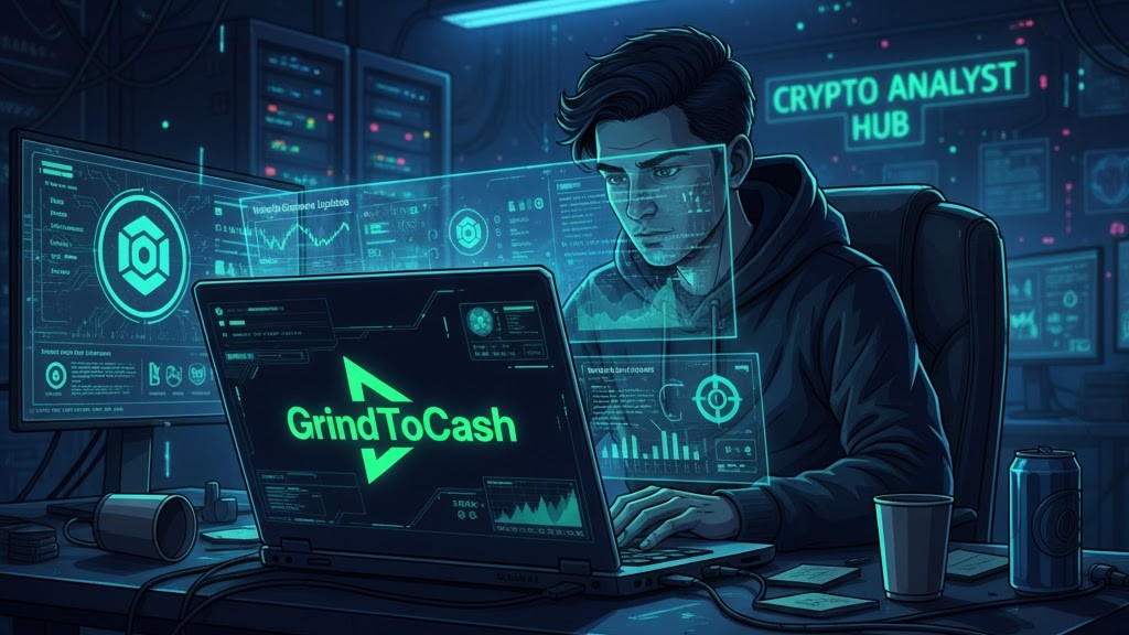 Illustration showing a crypto researcher analyzing Worldcoin updates on a laptop with GrindToCash branding.