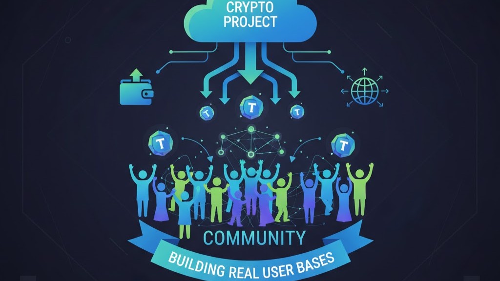 Illustration explaining how crypto projects distribute free tokens through airdrops to grow real user communities.