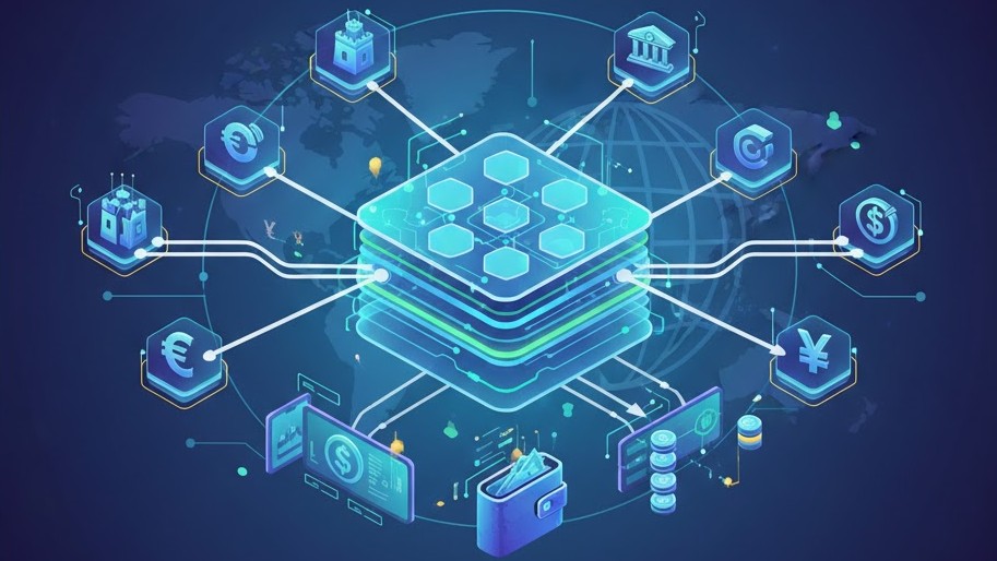 Illustration showing central banks and financial institutions connected through a shared blockchain ledger for global crypto settlements.