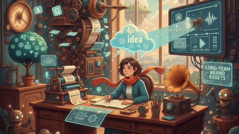 Concept image showing a content creator automating workflow and building long-term brand assets