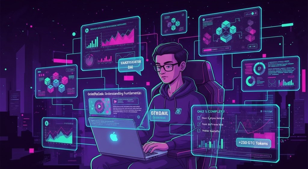 Illustration showing beginner learning blockchain fundamentals and crypto basics through GrindToCash tutorials.