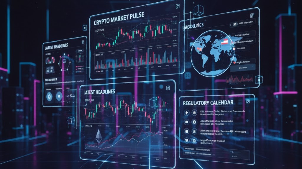Image of digital news dashboard displaying the latest crypto market updates and global regulations.