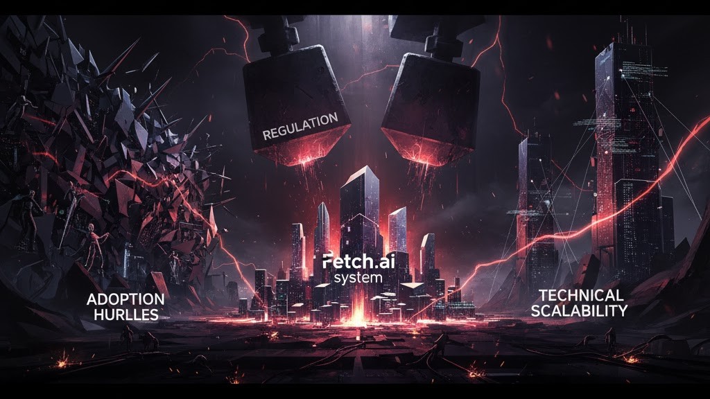 Illustration showing potential risks such as regulation, adoption hurdles, and technical scalability