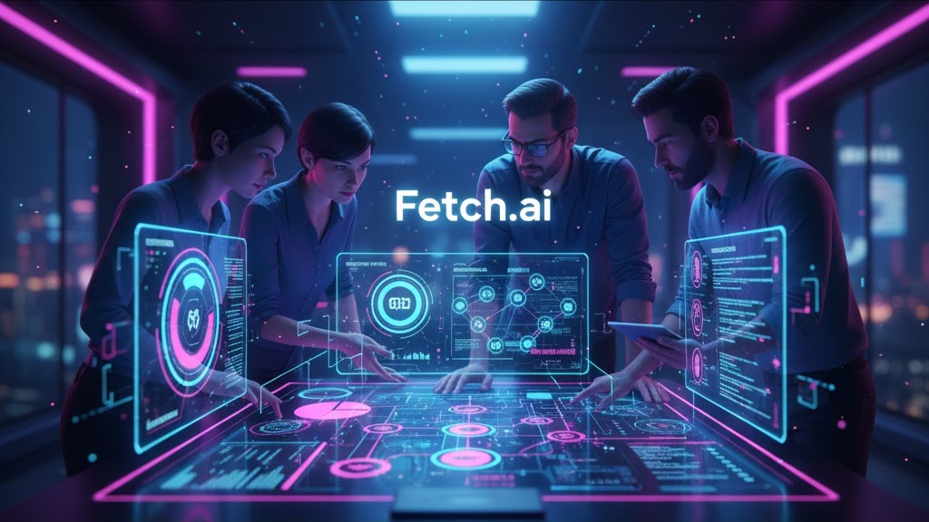 Graphic showing investors analyzing Fetch.ai ecosystem metrics, partnerships, and developer traction