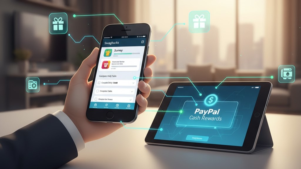 User completing online surveys and daily tasks on Swagbucks app to earn PayPal cash rewards from home.