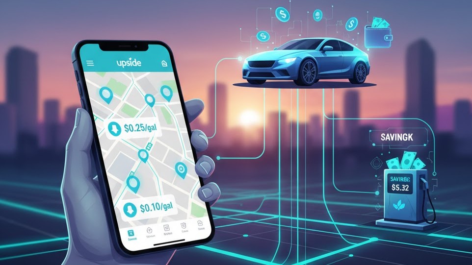 Driver using Upside mobile app to find gas station cashback offers and save money while refueling
