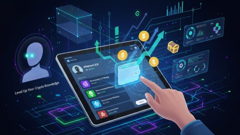 Person learning about blockchain projects on Coinbase Learn & Earn app and receiving crypto rewards.