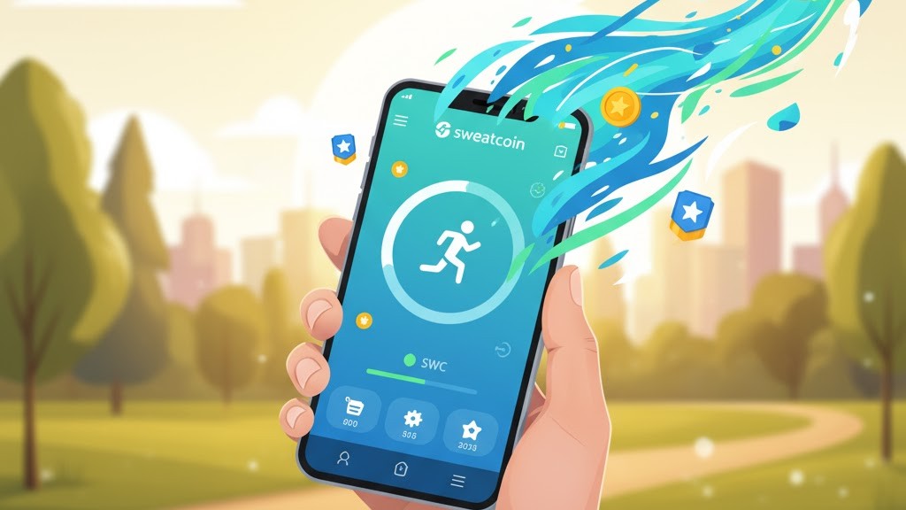 Person walking outdoors with Sweatcoin fitness app tracking steps and earning digital rewards for movement.