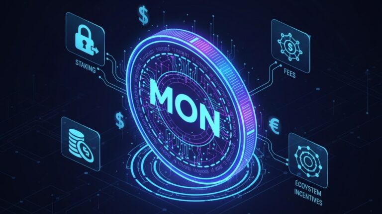 Digital coin labeled MON symbolizing staking, fees, and long-term ecosystem incentives