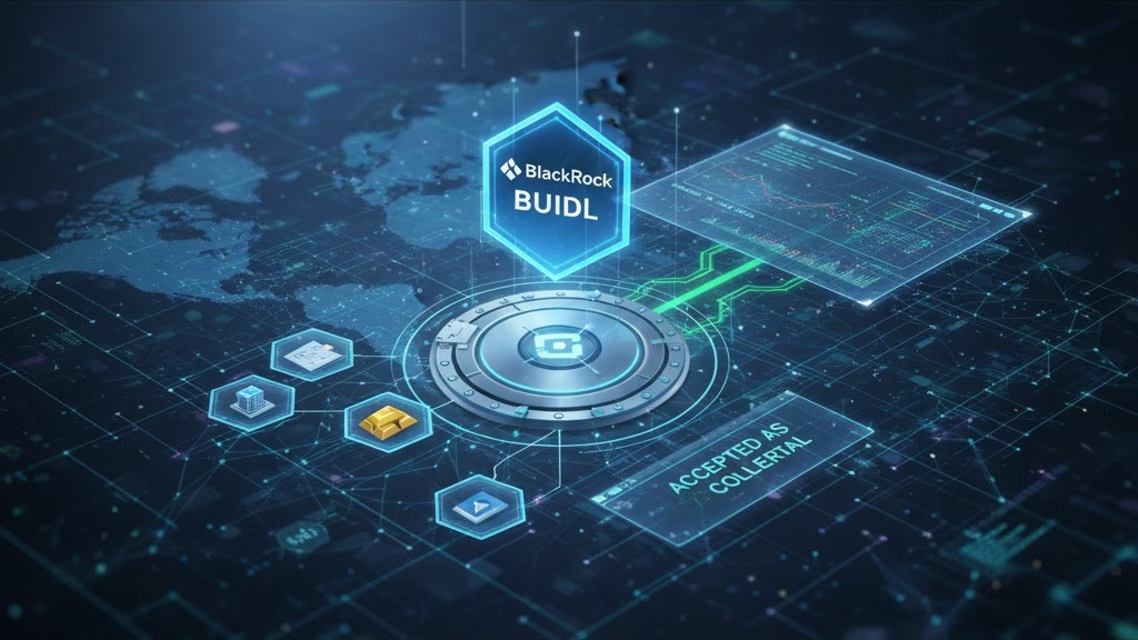 Illustration of BlackRock tokenized fund BUIDL accepted as Binance collateral, signaling major RWA adoption in late 2025.