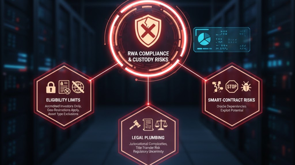 Compliance and custody warning icons highlighting eligibility limits, legal plumbing, and smart-contract risks for RWAs.