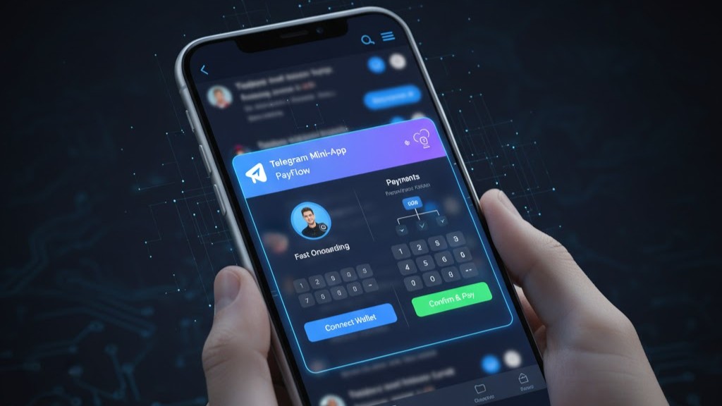 Telegram Mini-App interface showing in-chat web view for fast onboarding and payments