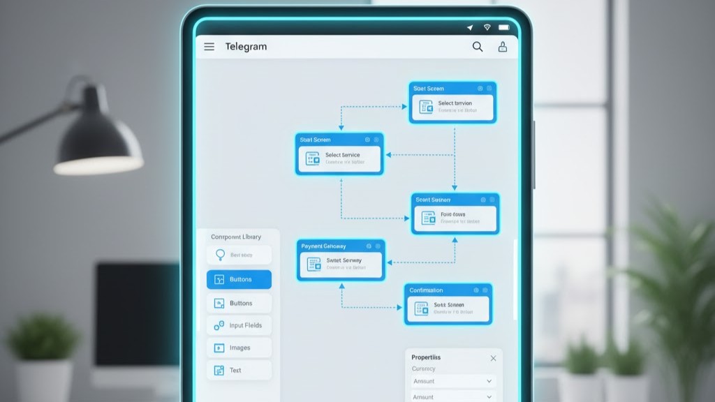 No-code builder screen designing a clean, mobile-first Telegram Mini-App flow