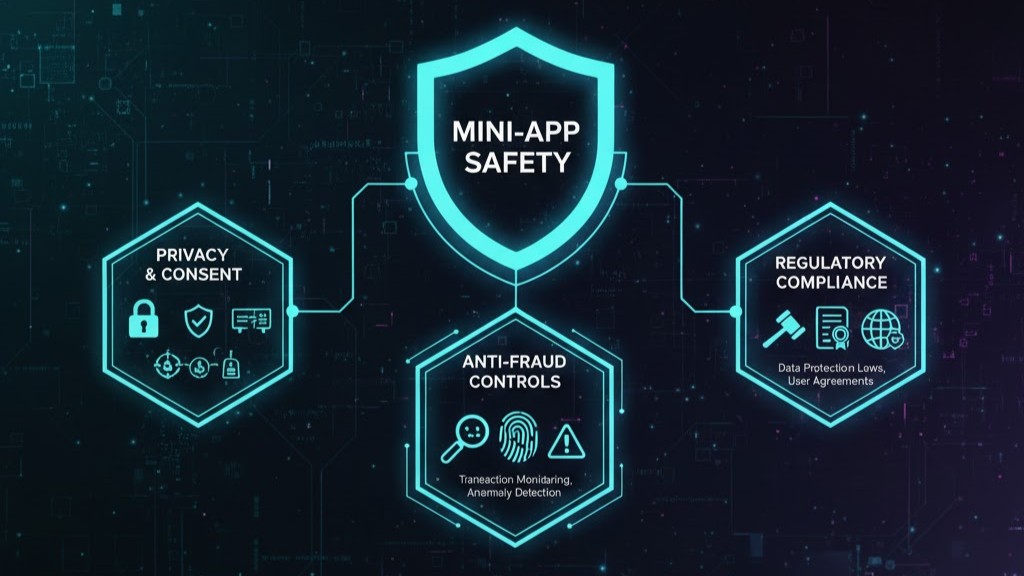 Security and compliance icons highlighting privacy, consent, and anti-fraud controls in a mini-app