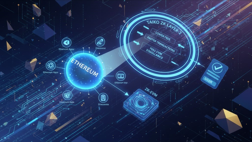 Diagram showing Taiko ZK Layer-2 speeding up Ethereum apps with lower fees and full EVM equivalence.