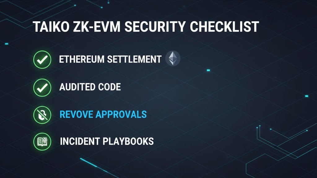 Security checklist highlighting Ethereum settlement, audited code, revoking approvals, and incident playbooks on Taiko.