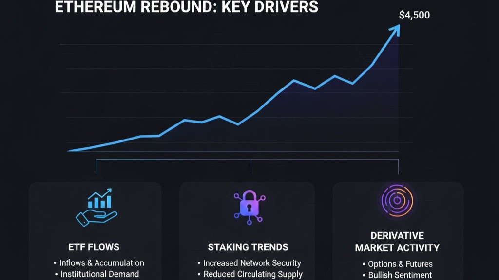 Visual illustrating Ethereum price rebound, highlighting ETF flows, staking trends, and derivative market activity impacting ETH.