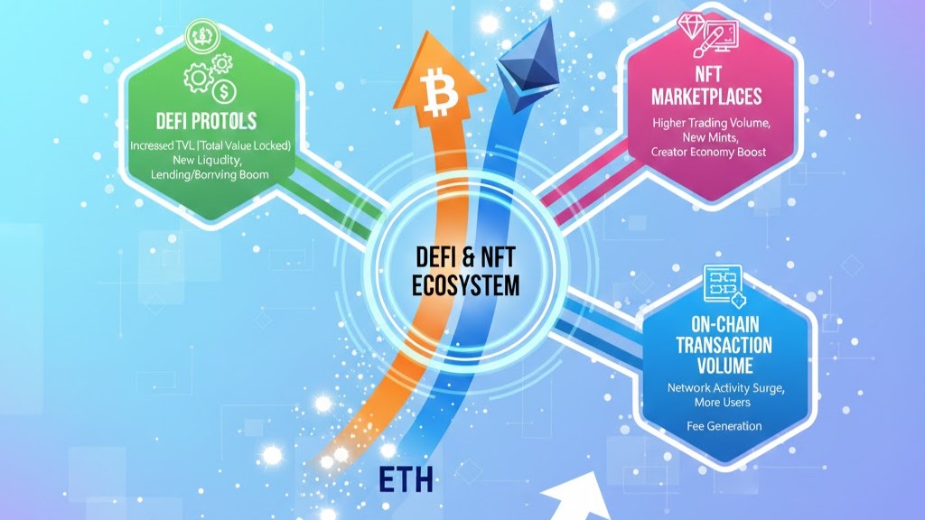 Graphic showing the impact of BTC and ETH rebound on DeFi protocols, NFT marketplaces, and on-chain transaction volumes.