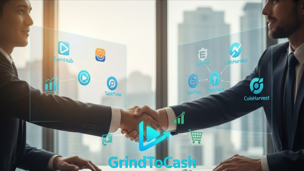 Professional partnership handshake representing GrindToCash collaborating with trusted digital platforms and online earning companies.