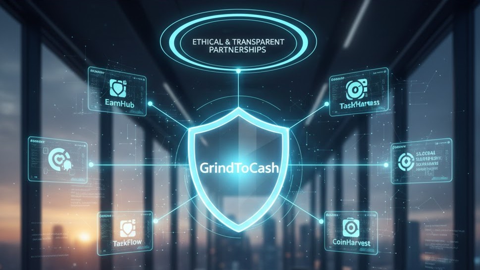 Modern business partnership concept showing GrindToCash working with transparent and reputable platforms to benefit digital earners.