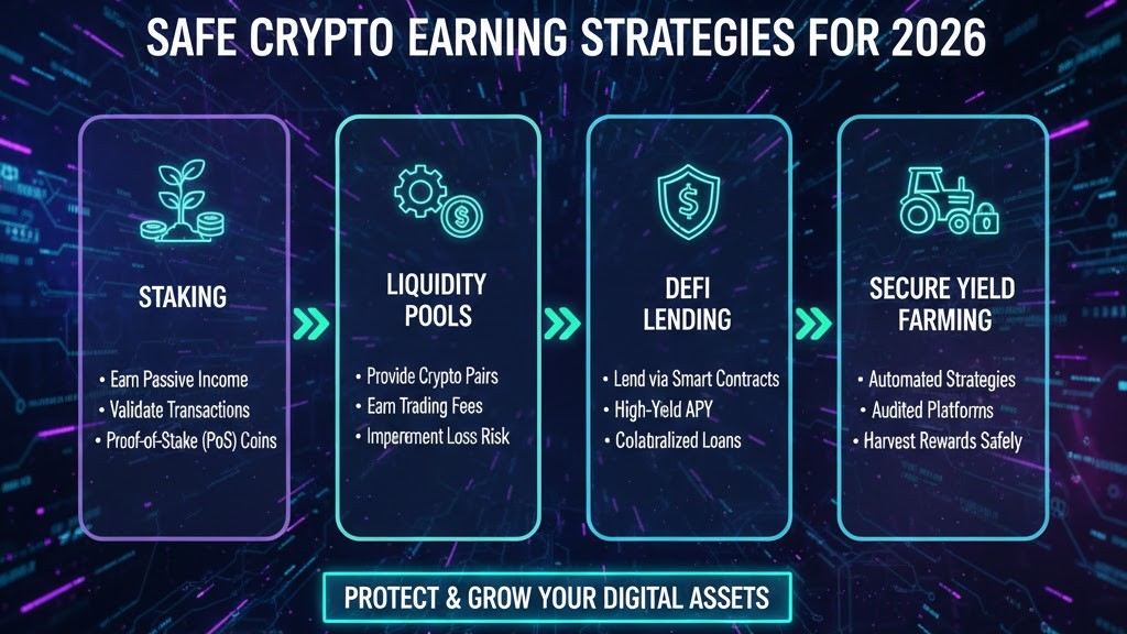 Safe crypto earning strategies infographic for 2026