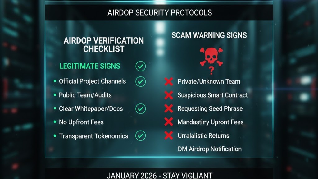 Airdrop verification checklist showing key scam warning signs