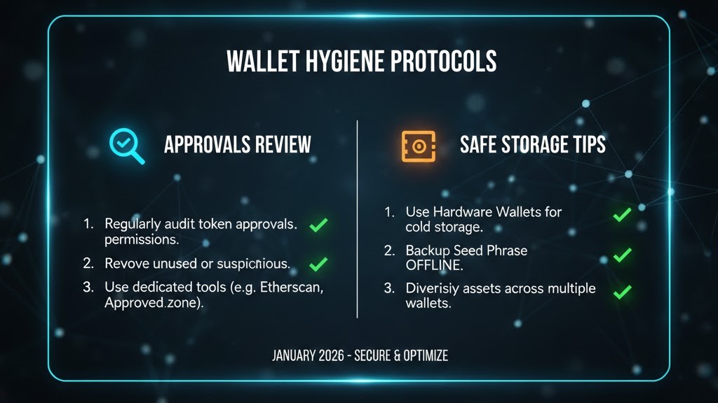 Wallet hygiene tips including approvals review and safe storage