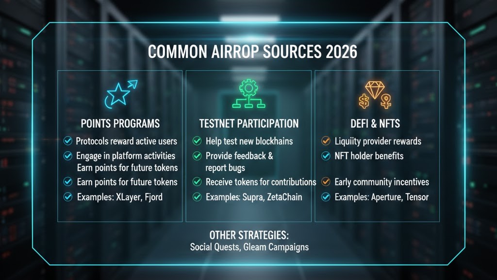 Common airdrop sources in 2026 including points and testnets