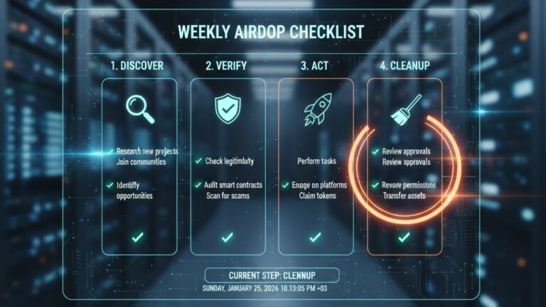 Weekly airdrop checklist with discover verify act and cleanup steps
